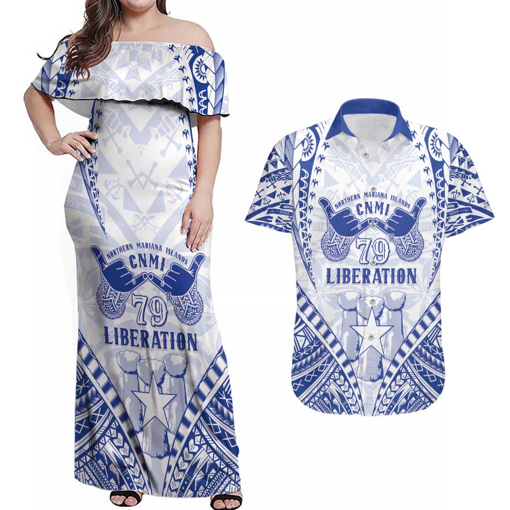 Northern Mariana Islands Liberation Day Couples Matching Off Shoulder Maxi Dress and Hawaiian Shirt 79th Anniversary LT05 Blue - Polynesian Pride