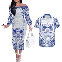 Northern Mariana Islands Liberation Day Couples Matching Off The Shoulder Long Sleeve Dress and Hawaiian Shirt 79th Anniversary LT05 Blue - Polynesian Pride