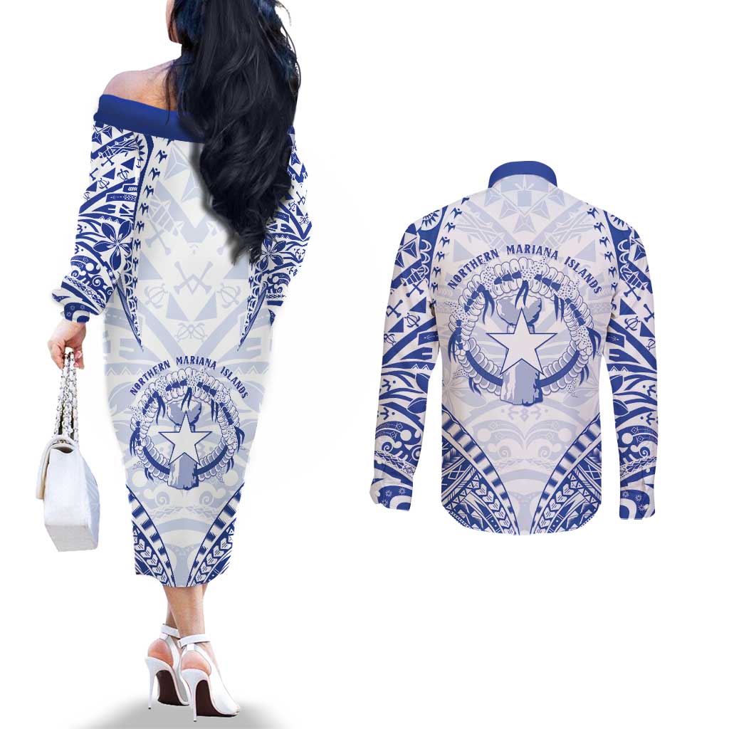 Northern Mariana Islands Liberation Day Couples Matching Off The Shoulder Long Sleeve Dress and Long Sleeve Button Shirt 79th Anniversary LT05 - Polynesian Pride