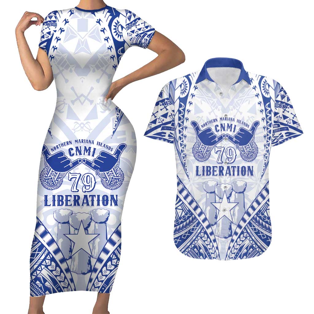 Northern Mariana Islands Liberation Day Couples Matching Short Sleeve Bodycon Dress and Hawaiian Shirt 79th Anniversary LT05 Blue - Polynesian Pride