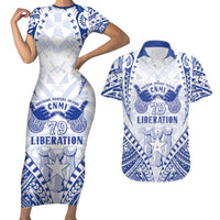 Northern Mariana Islands Liberation Day Couples Matching Short Sleeve Bodycon Dress and Hawaiian Shirt 79th Anniversary LT05 Blue - Polynesian Pride