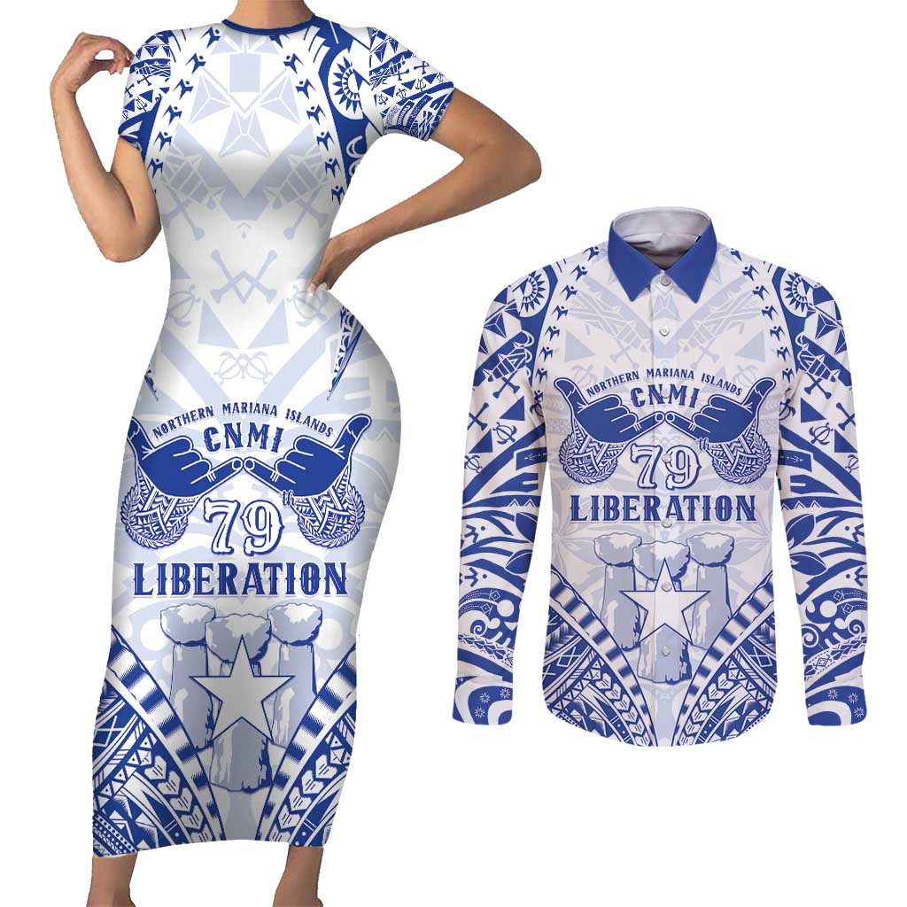 Northern Mariana Islands Liberation Day Couples Matching Short Sleeve Bodycon Dress and Long Sleeve Button Shirt 79th Anniversary LT05 Blue - Polynesian Pride