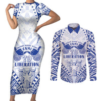 Northern Mariana Islands Liberation Day Couples Matching Short Sleeve Bodycon Dress and Long Sleeve Button Shirt 79th Anniversary LT05 Blue - Polynesian Pride