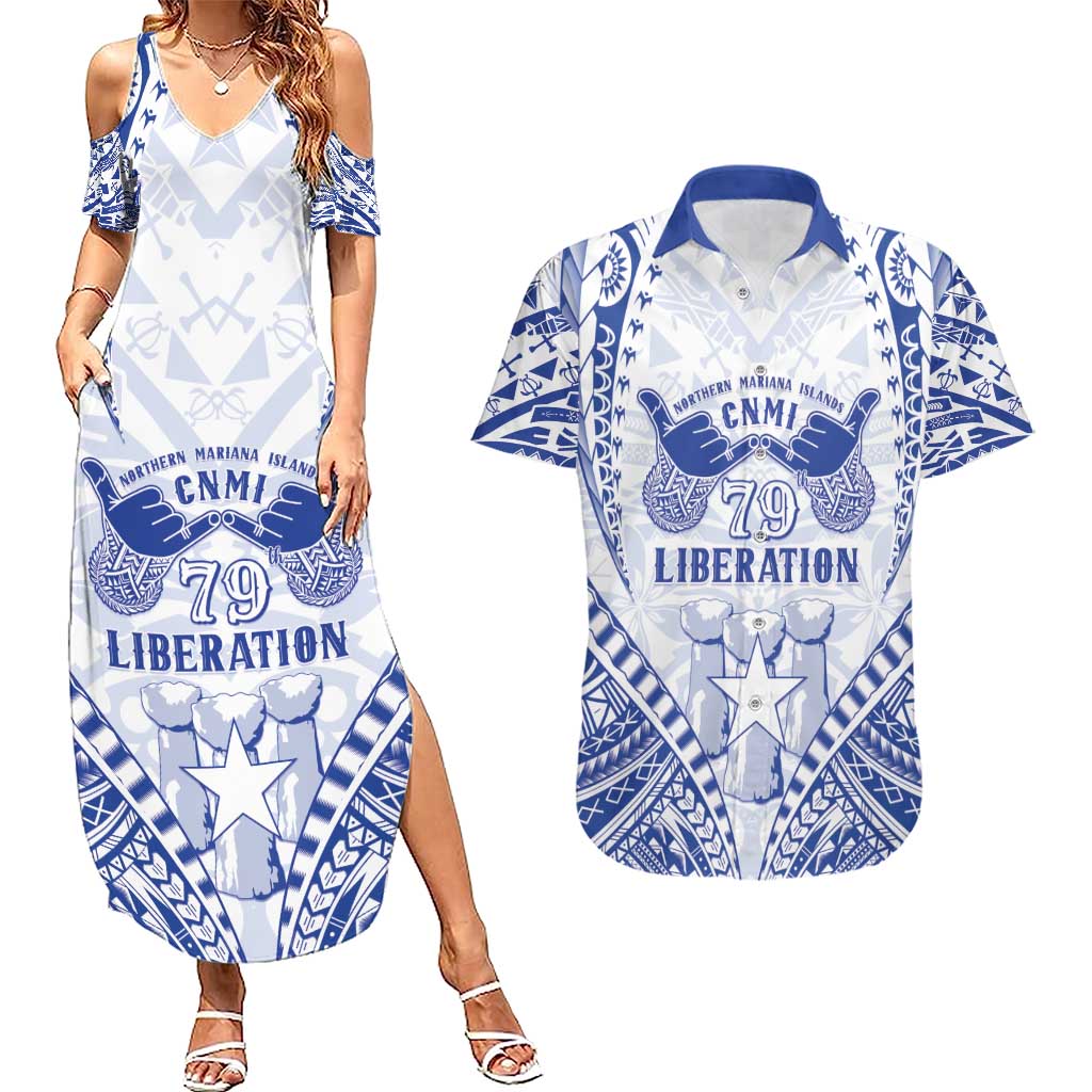 Northern Mariana Islands Liberation Day Couples Matching Summer Maxi Dress and Hawaiian Shirt 79th Anniversary LT05 Blue - Polynesian Pride