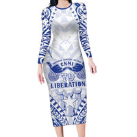 Northern Mariana Islands Liberation Day Family Matching Long Sleeve Bodycon Dress and Hawaiian Shirt 79th Anniversary LT05 Mom's Dress Blue - Polynesian Pride