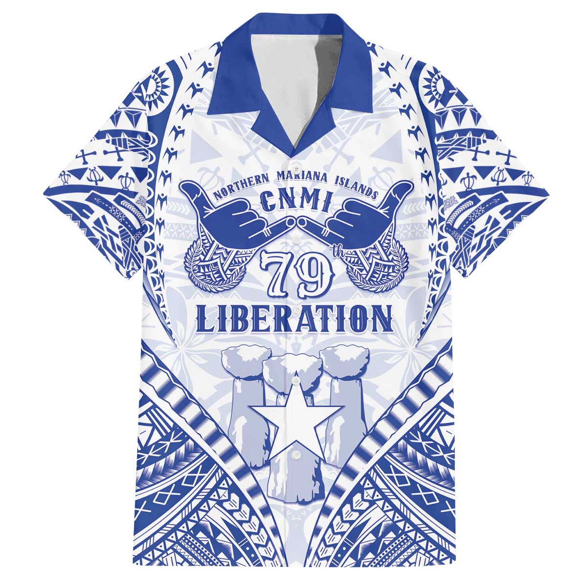 Northern Mariana Islands Liberation Day Family Matching Off The Shoulder Long Sleeve Dress and Hawaiian Shirt 79th Anniversary LT05 Dad's Shirt - Short Sleeve Blue - Polynesian Pride