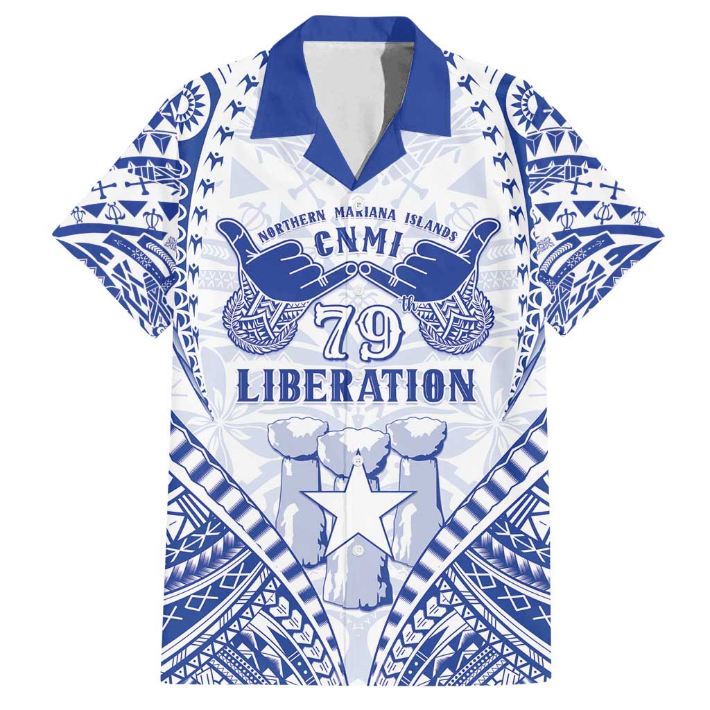 Northern Mariana Islands Liberation Day Family Matching Off Shoulder Maxi Dress and Hawaiian Shirt 79th Anniversary LT05 Dad's Shirt - Short Sleeve Blue - Polynesian Pride