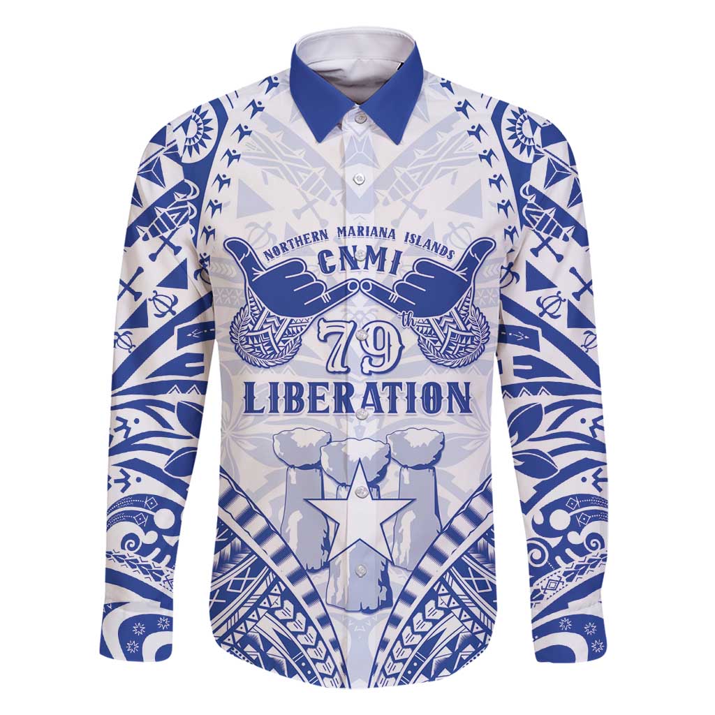 Northern Mariana Islands Liberation Day Family Matching Off Shoulder Maxi Dress and Hawaiian Shirt 79th Anniversary LT05 Dad's Shirt - Long Sleeve Blue - Polynesian Pride