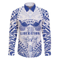 Northern Mariana Islands Liberation Day Family Matching Off Shoulder Maxi Dress and Hawaiian Shirt 79th Anniversary LT05 Dad's Shirt - Long Sleeve Blue - Polynesian Pride