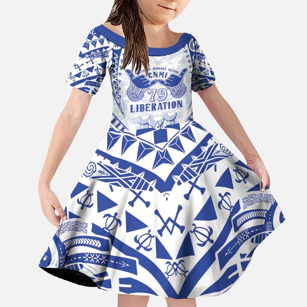 Northern Mariana Islands Liberation Day Family Matching Short Sleeve Bodycon Dress and Hawaiian Shirt 79th Anniversary LT05 Daughter's Dress Blue - Polynesian Pride