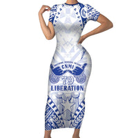 Northern Mariana Islands Liberation Day Family Matching Short Sleeve Bodycon Dress and Hawaiian Shirt 79th Anniversary LT05 Mom's Dress Blue - Polynesian Pride