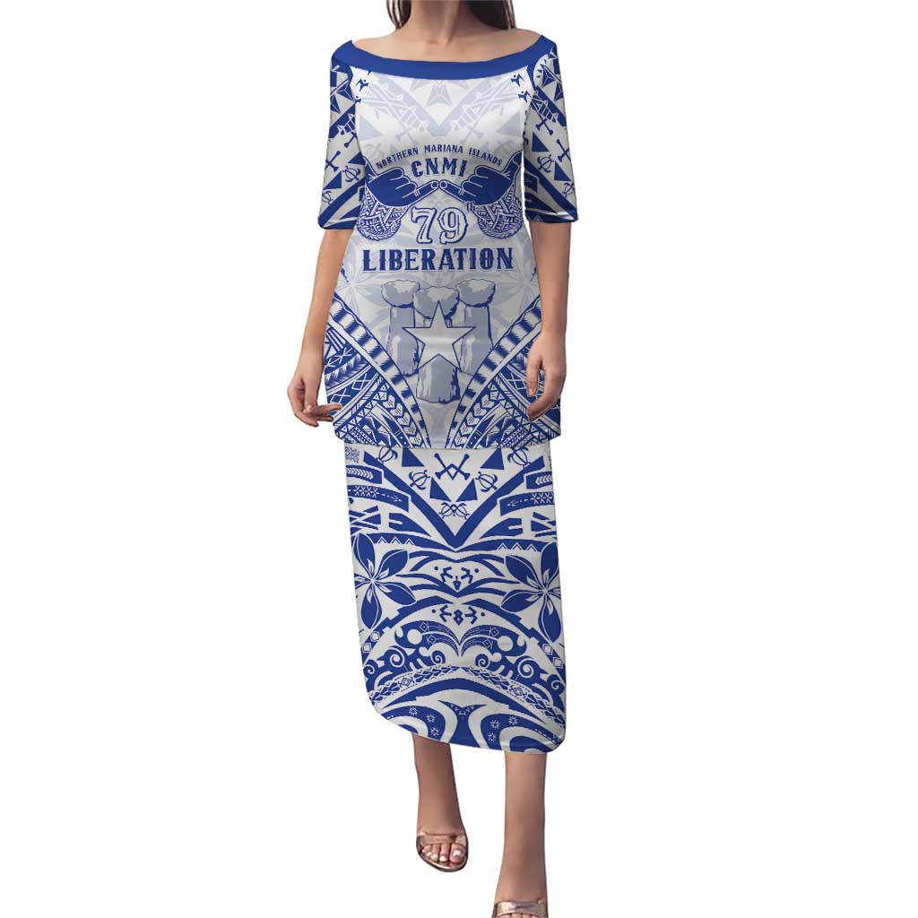 Northern Mariana Islands Liberation Day Puletasi 79th Anniversary LT05 Long Dress Blue - Polynesian Pride