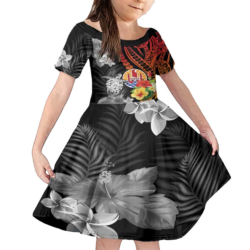 French Polynesia Bastille Day Family Matching Long Sleeve Bodycon Dress and Hawaiian Shirt Tropical Turtle Hibiscus Polynesian Pattern LT05 Daughter's Dress Black - Polynesian Pride