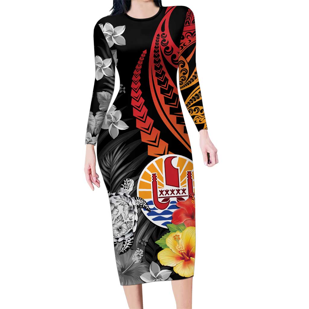 French Polynesia Bastille Day Family Matching Long Sleeve Bodycon Dress and Hawaiian Shirt Tropical Turtle Hibiscus Polynesian Pattern LT05 Mom's Dress Black - Polynesian Pride