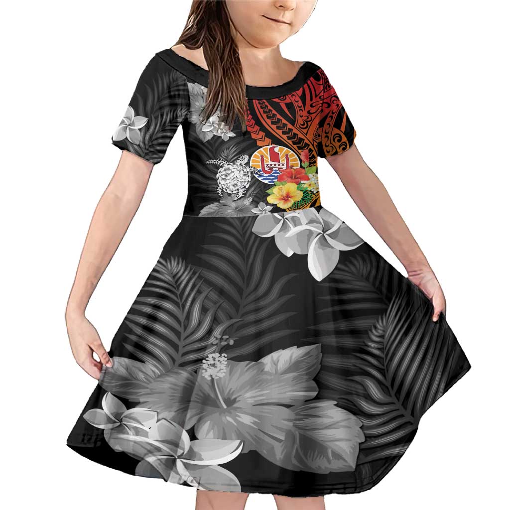 French Polynesia Bastille Day Family Matching Mermaid Dress and Hawaiian Shirt Tropical Turtle Hibiscus Polynesian Pattern LT05 Daughter's Dress Black - Polynesian Pride