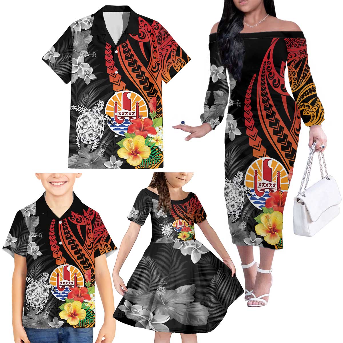 French Polynesia Bastille Day Family Matching Off The Shoulder Long Sleeve Dress and Hawaiian Shirt Tropical Turtle Hibiscus Polynesian Pattern LT05 - Polynesian Pride