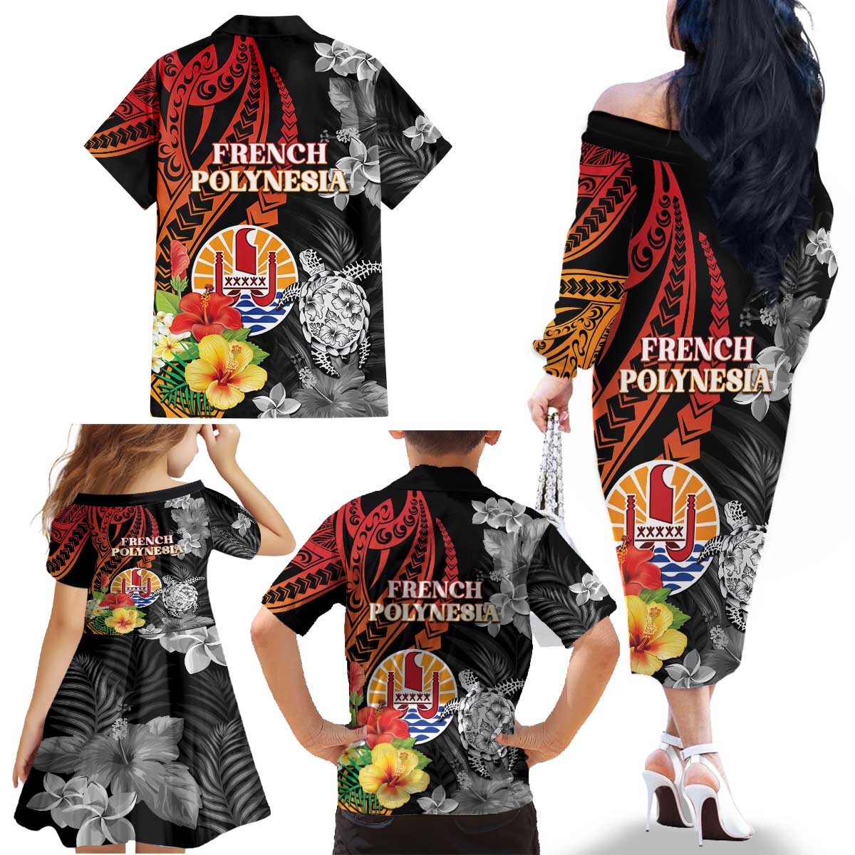 French Polynesia Bastille Day Family Matching Off The Shoulder Long Sleeve Dress and Hawaiian Shirt Tropical Turtle Hibiscus Polynesian Pattern LT05 - Polynesian Pride