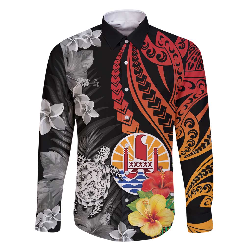 French Polynesia Bastille Day Family Matching Short Sleeve Bodycon Dress and Hawaiian Shirt Tropical Turtle Hibiscus Polynesian Pattern LT05 Dad's Shirt - Long Sleeve Black - Polynesian Pride