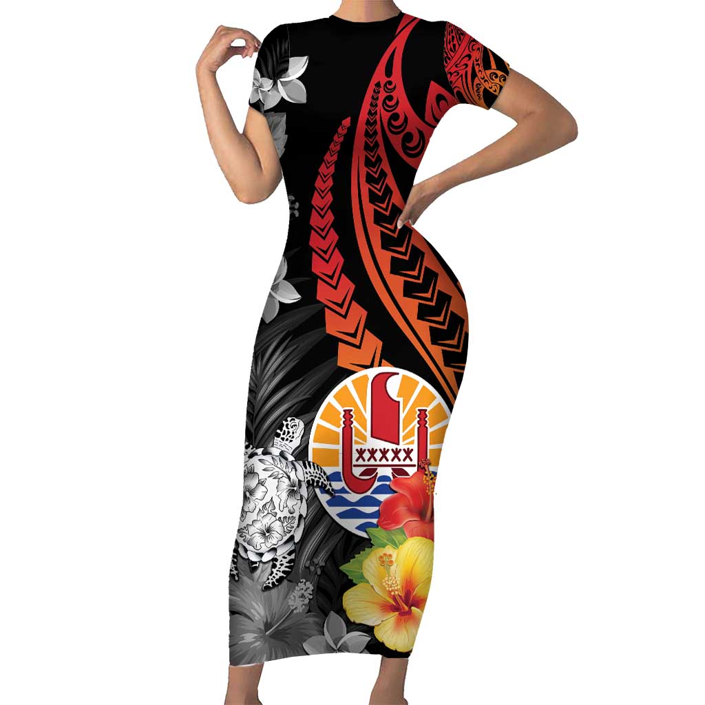 French Polynesia Bastille Day Family Matching Short Sleeve Bodycon Dress and Hawaiian Shirt Tropical Turtle Hibiscus Polynesian Pattern LT05 Mom's Dress Black - Polynesian Pride