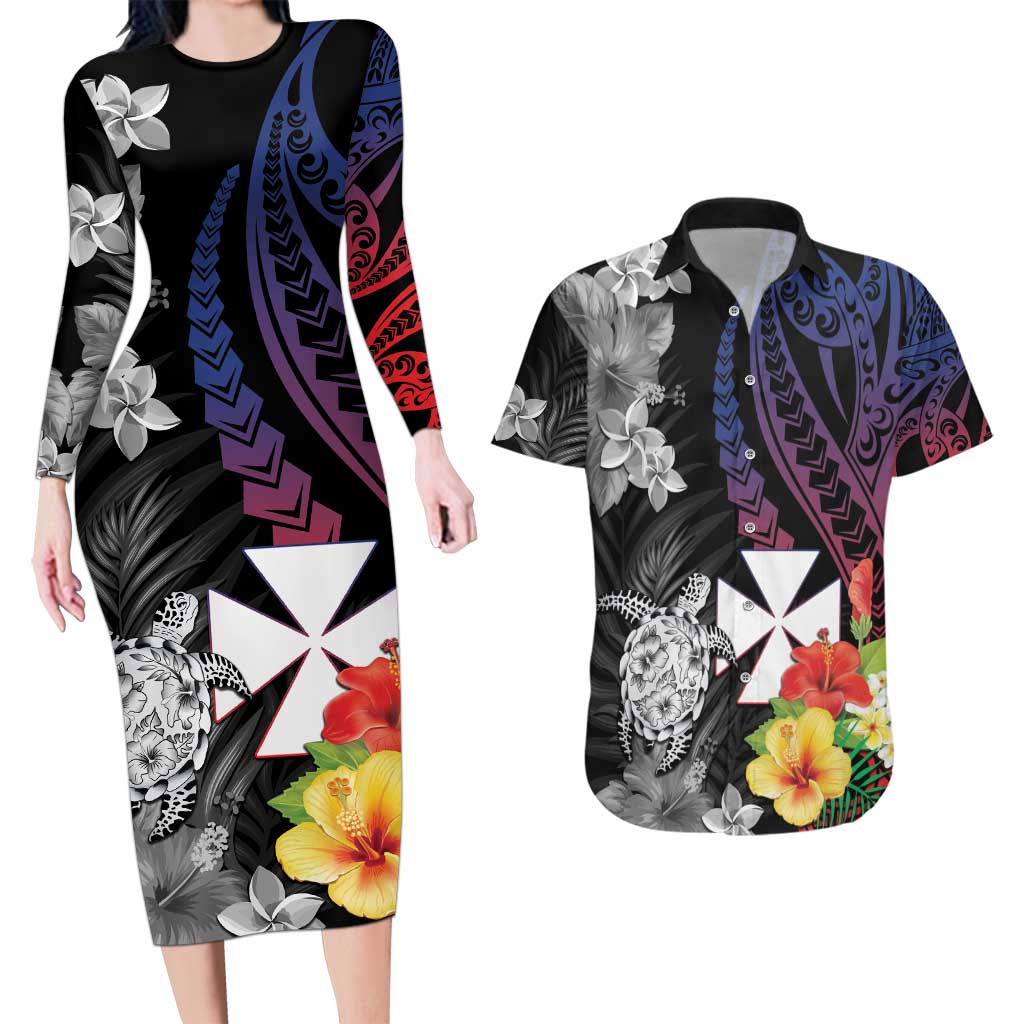 Wallis and Futuna Bastille Day Couples Matching Long Sleeve Bodycon Dress and Hawaiian Shirt Tropical Turtle Hibiscus Polynesian Pattern LT05 Black - Polynesian Pride