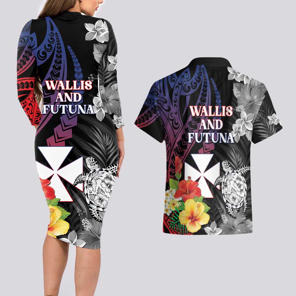Wallis and Futuna Bastille Day Couples Matching Long Sleeve Bodycon Dress and Hawaiian Shirt Tropical Turtle Hibiscus Polynesian Pattern LT05 - Polynesian Pride
