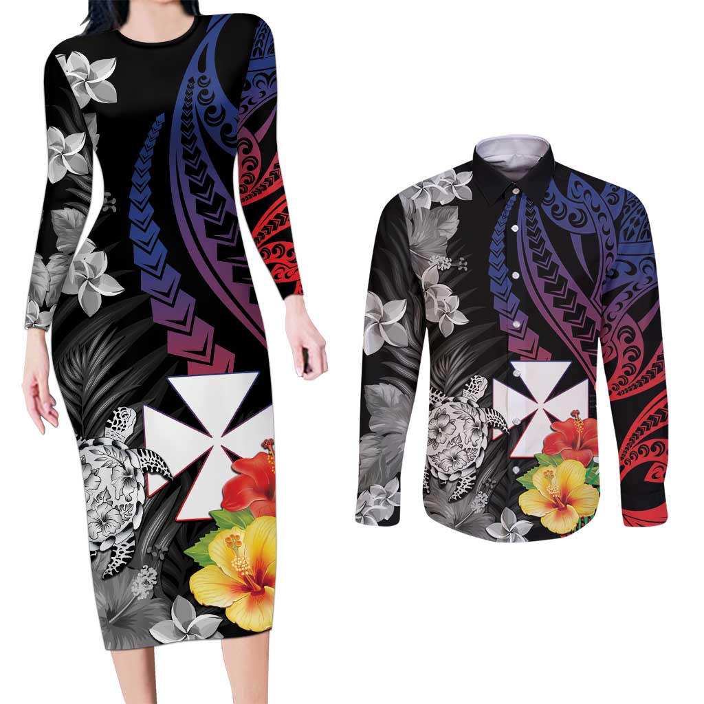 Wallis and Futuna Bastille Day Couples Matching Long Sleeve Bodycon Dress and Long Sleeve Button Shirt Tropical Turtle Hibiscus Polynesian Pattern LT05 Black - Polynesian Pride