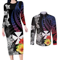 Wallis and Futuna Bastille Day Couples Matching Long Sleeve Bodycon Dress and Long Sleeve Button Shirt Tropical Turtle Hibiscus Polynesian Pattern LT05 Black - Polynesian Pride