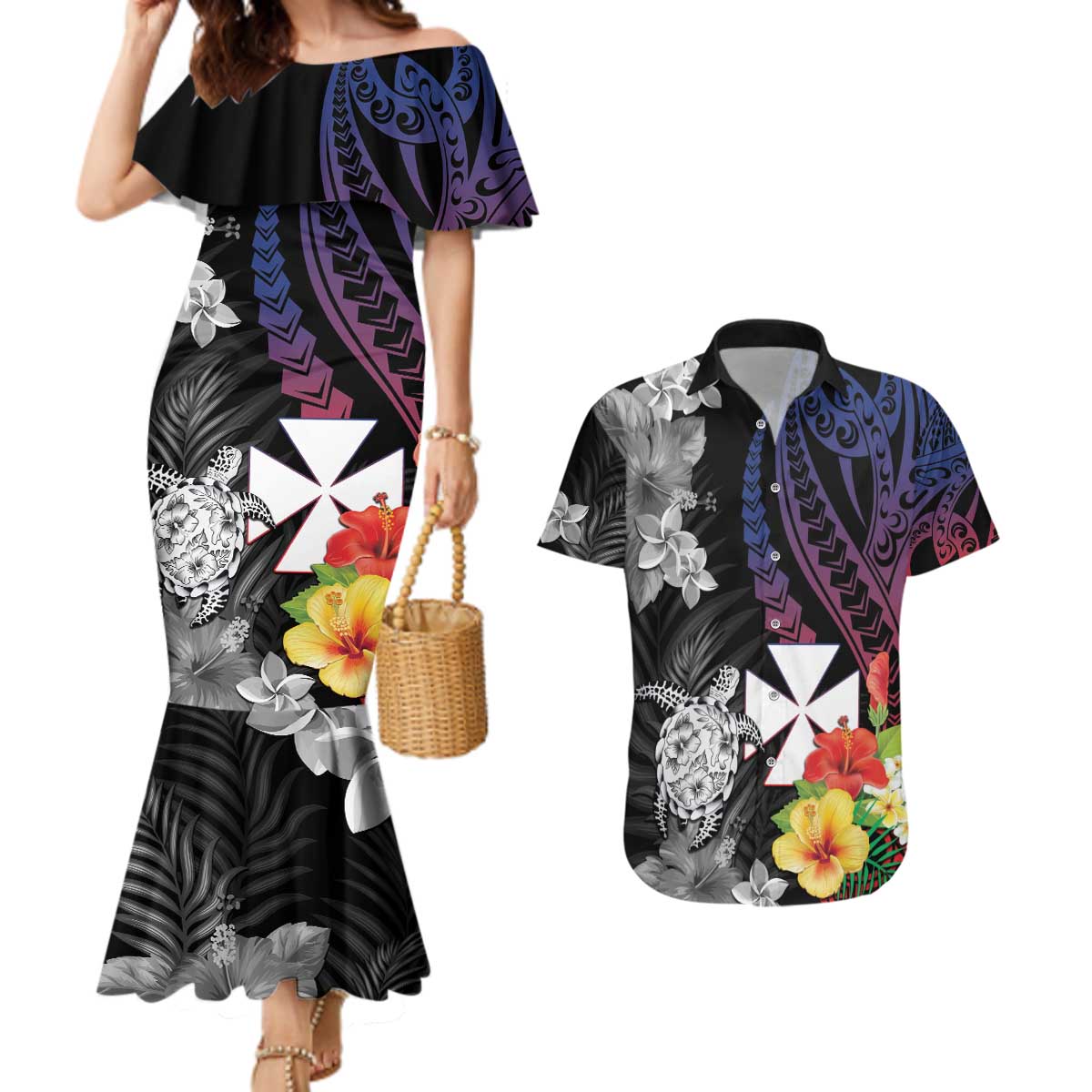 Wallis and Futuna Bastille Day Couples Matching Mermaid Dress and Hawaiian Shirt Tropical Turtle Hibiscus Polynesian Pattern LT05 Black - Polynesian Pride