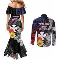 Wallis and Futuna Bastille Day Couples Matching Mermaid Dress and Long Sleeve Button Shirt Tropical Turtle Hibiscus Polynesian Pattern