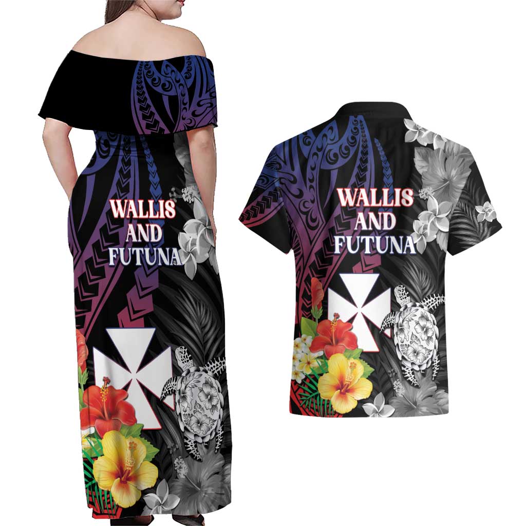 Wallis and Futuna Bastille Day Couples Matching Off Shoulder Maxi Dress and Hawaiian Shirt Tropical Turtle Hibiscus Polynesian Pattern LT05 - Polynesian Pride