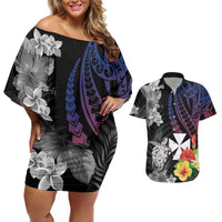 Wallis and Futuna Bastille Day Couples Matching Off Shoulder Short Dress and Hawaiian Shirt Tropical Turtle Hibiscus Polynesian Pattern LT05 Black - Polynesian Pride