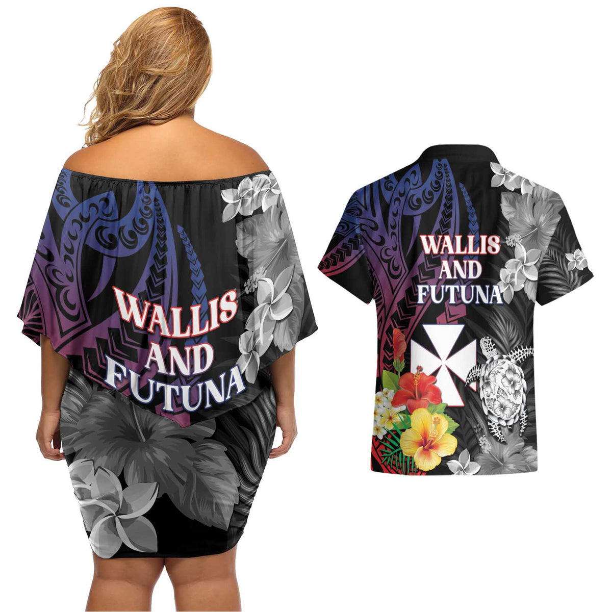 Wallis and Futuna Bastille Day Couples Matching Off Shoulder Short Dress and Hawaiian Shirt Tropical Turtle Hibiscus Polynesian Pattern LT05 - Polynesian Pride