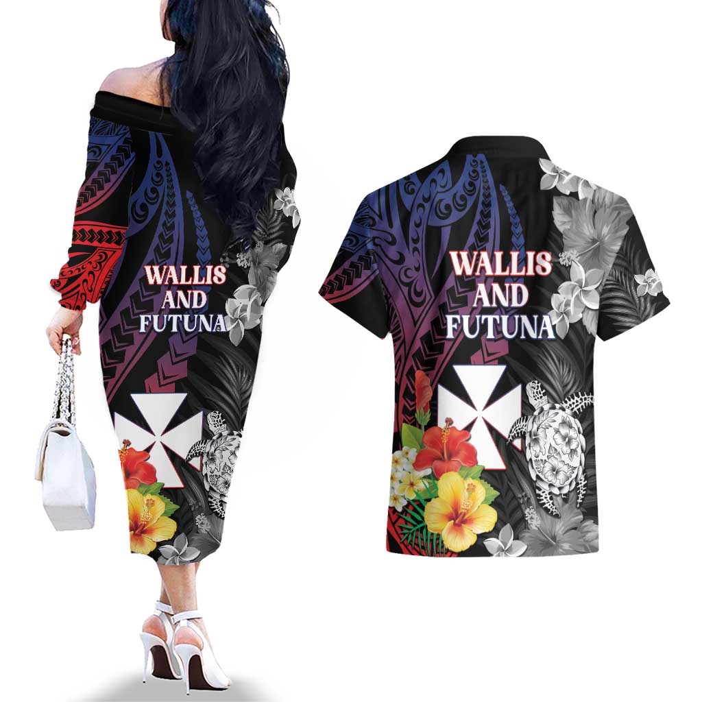 Wallis and Futuna Bastille Day Couples Matching Off The Shoulder Long Sleeve Dress and Hawaiian Shirt Tropical Turtle Hibiscus Polynesian Pattern LT05 - Polynesian Pride