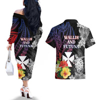Wallis and Futuna Bastille Day Couples Matching Off The Shoulder Long Sleeve Dress and Hawaiian Shirt Tropical Turtle Hibiscus Polynesian Pattern LT05 - Polynesian Pride