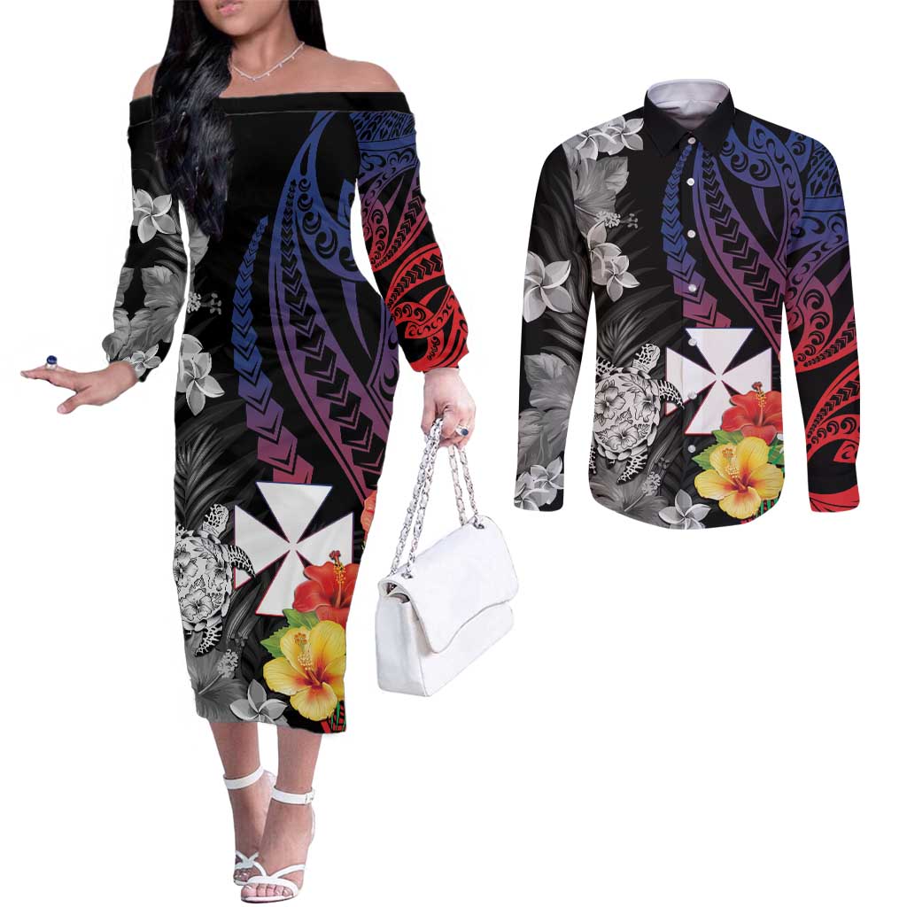 Wallis and Futuna Bastille Day Couples Matching Off The Shoulder Long Sleeve Dress and Long Sleeve Button Shirt Tropical Turtle Hibiscus Polynesian Pattern LT05 Black - Polynesian Pride