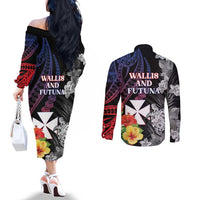 Wallis and Futuna Bastille Day Couples Matching Off The Shoulder Long Sleeve Dress and Long Sleeve Button Shirt Tropical Turtle Hibiscus Polynesian Pattern LT05 - Polynesian Pride