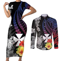 Wallis and Futuna Bastille Day Couples Matching Short Sleeve Bodycon Dress and Long Sleeve Button Shirt Tropical Turtle Hibiscus Polynesian Pattern LT05 Black - Polynesian Pride