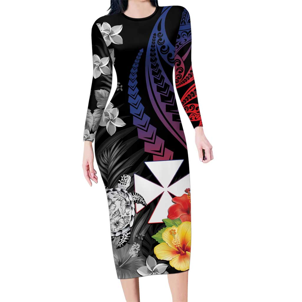 Wallis and Futuna Bastille Day Family Matching Long Sleeve Bodycon Dress and Hawaiian Shirt Tropical Turtle Hibiscus Polynesian Pattern LT05 Mom's Dress Black - Polynesian Pride