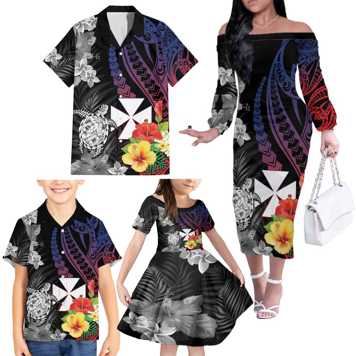 Wallis and Futuna Bastille Day Family Matching Off The Shoulder Long Sleeve Dress and Hawaiian Shirt Tropical Turtle Hibiscus Polynesian Pattern LT05 - Polynesian Pride