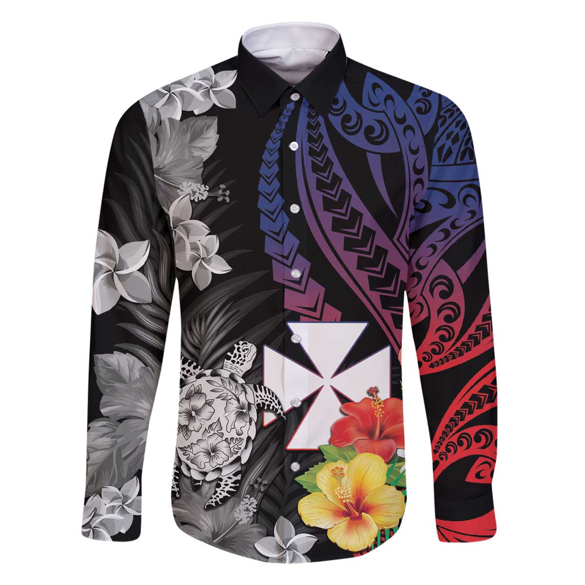 Wallis and Futuna Bastille Day Family Matching Off The Shoulder Long Sleeve Dress and Hawaiian Shirt Tropical Turtle Hibiscus Polynesian Pattern LT05 Dad's Shirt - Long Sleeve Black - Polynesian Pride