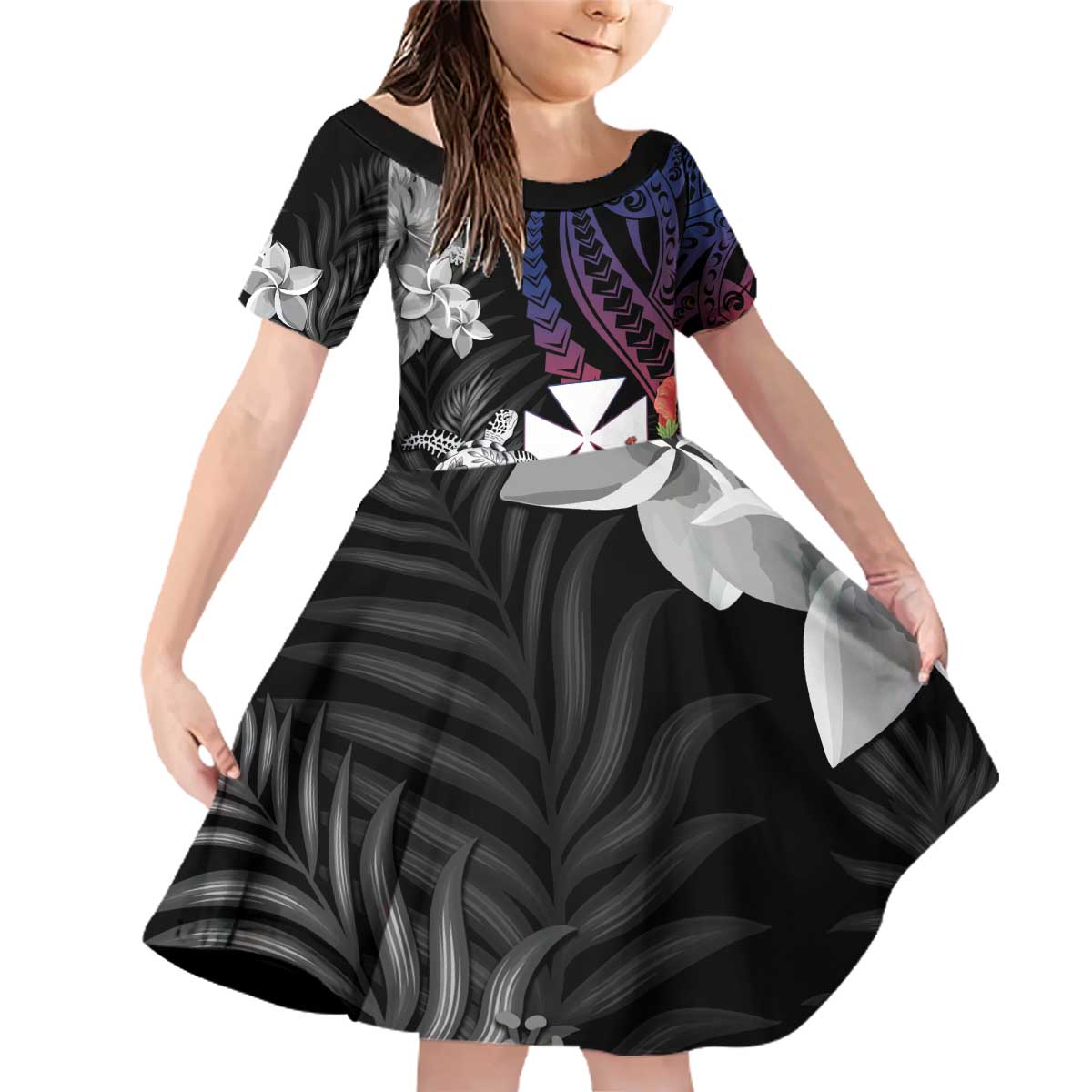 Wallis and Futuna Bastille Day Family Matching Off Shoulder Short Dress and Hawaiian Shirt Tropical Turtle Hibiscus Polynesian Pattern LT05 Daughter's Dress Black - Polynesian Pride