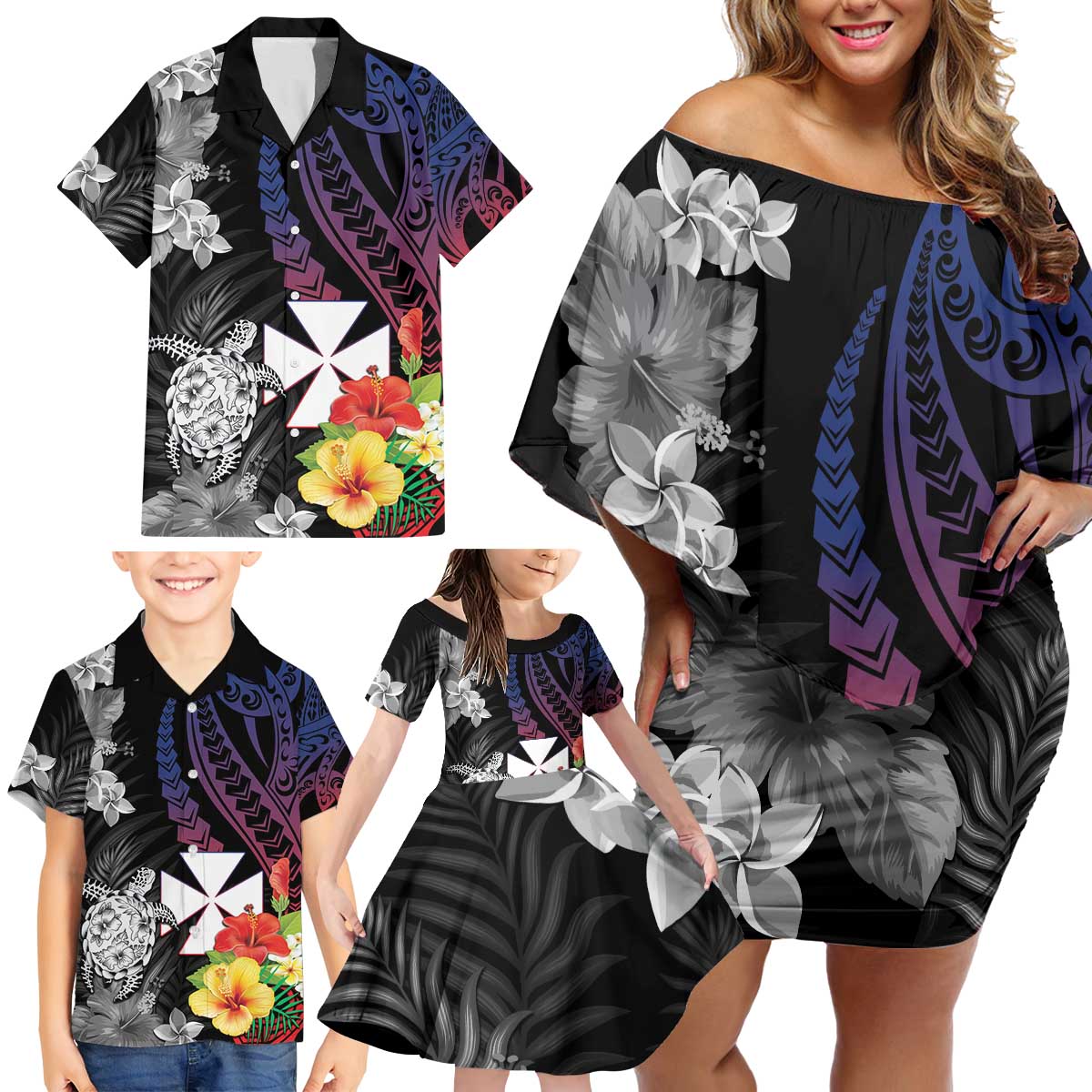 Wallis and Futuna Bastille Day Family Matching Off Shoulder Short Dress and Hawaiian Shirt Tropical Turtle Hibiscus Polynesian Pattern LT05 - Polynesian Pride