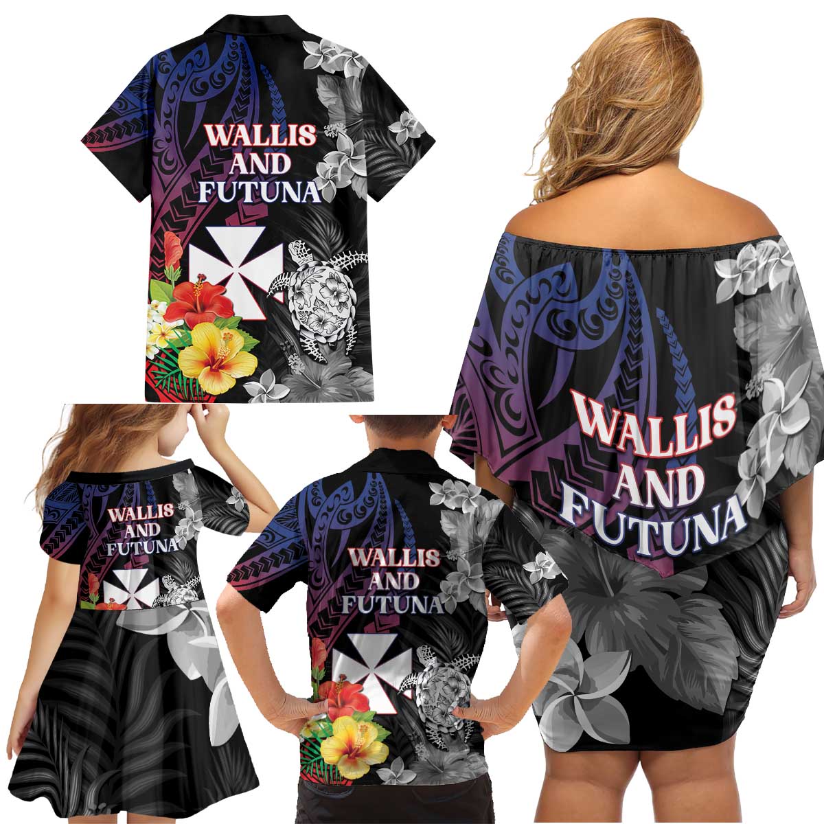 Wallis and Futuna Bastille Day Family Matching Off Shoulder Short Dress and Hawaiian Shirt Tropical Turtle Hibiscus Polynesian Pattern LT05 - Polynesian Pride