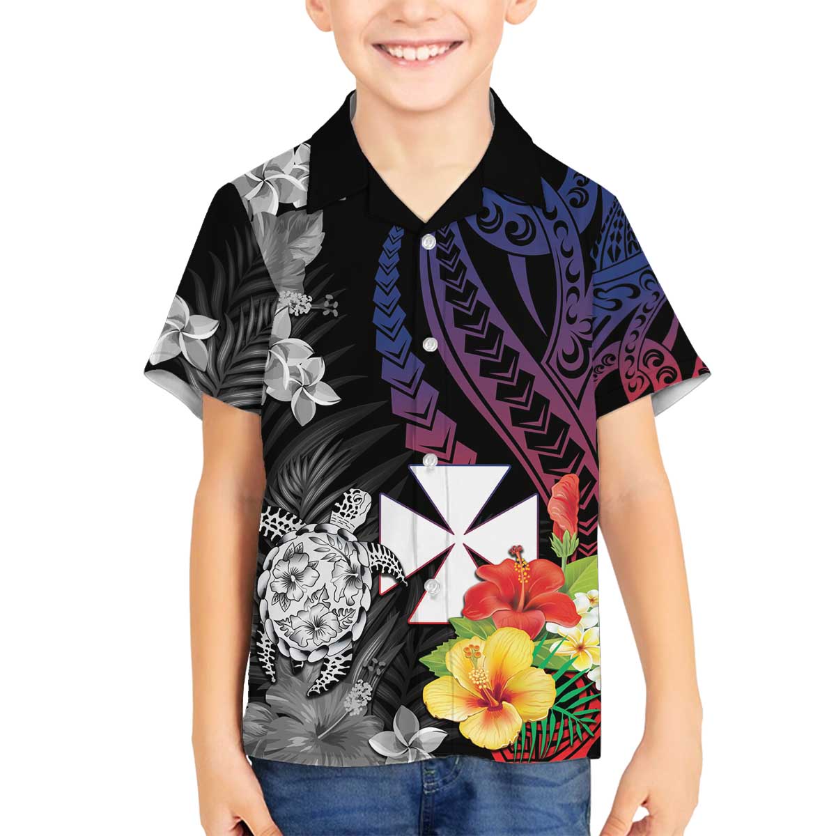 Wallis and Futuna Bastille Day Family Matching Off Shoulder Short Dress and Hawaiian Shirt Tropical Turtle Hibiscus Polynesian Pattern LT05 Son's Shirt Black - Polynesian Pride
