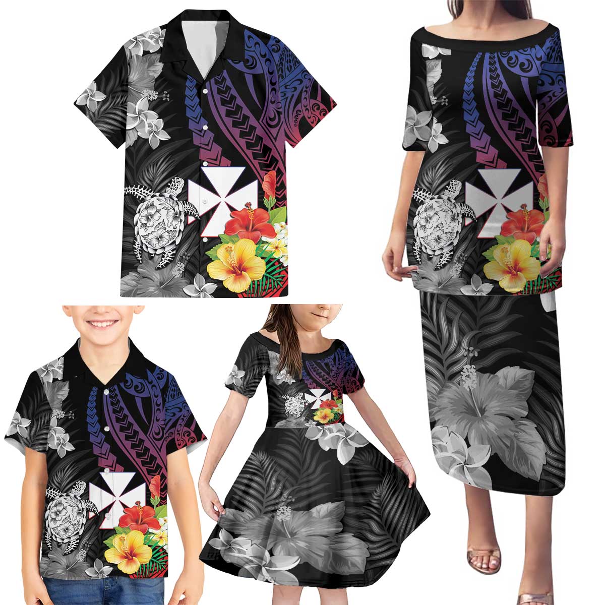 Wallis and Futuna Bastille Day Family Matching Puletasi and Hawaiian Shirt Tropical Turtle Hibiscus Polynesian Pattern LT05 - Polynesian Pride