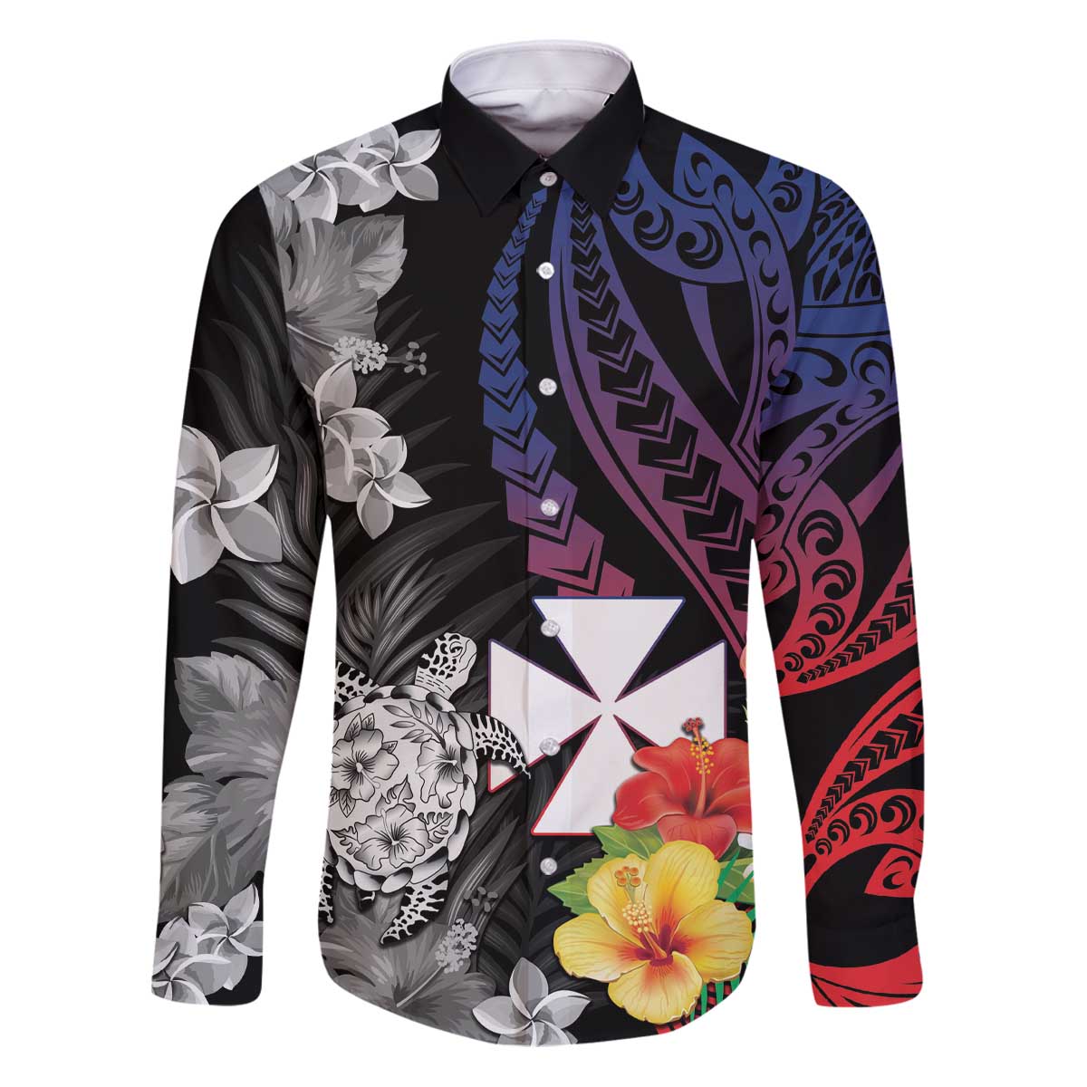Wallis and Futuna Bastille Day Family Matching Puletasi and Hawaiian Shirt Tropical Turtle Hibiscus Polynesian Pattern LT05 Dad's Shirt - Long Sleeve Black - Polynesian Pride