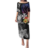 Wallis and Futuna Bastille Day Family Matching Puletasi and Hawaiian Shirt Tropical Turtle Hibiscus Polynesian Pattern LT05 Mom's Dress Black - Polynesian Pride
