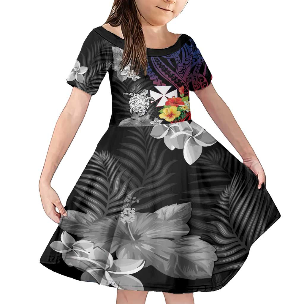 Wallis and Futuna Bastille Day Family Matching Short Sleeve Bodycon Dress and Hawaiian Shirt Tropical Turtle Hibiscus Polynesian Pattern LT05 Daughter's Dress Black - Polynesian Pride