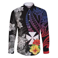 Wallis and Futuna Bastille Day Family Matching Tank Maxi Dress and Hawaiian Shirt Tropical Turtle Hibiscus Polynesian Pattern LT05 Dad's Shirt - Long Sleeve Black - Polynesian Pride