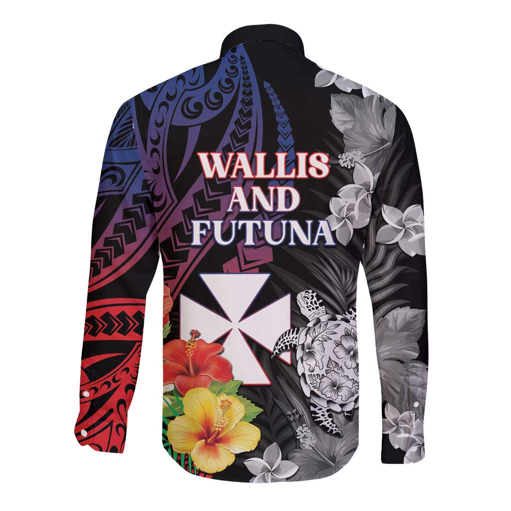 Wallis and Futuna Bastille Day Long Sleeve Button Shirt Tropical Turtle Hibiscus Polynesian Pattern